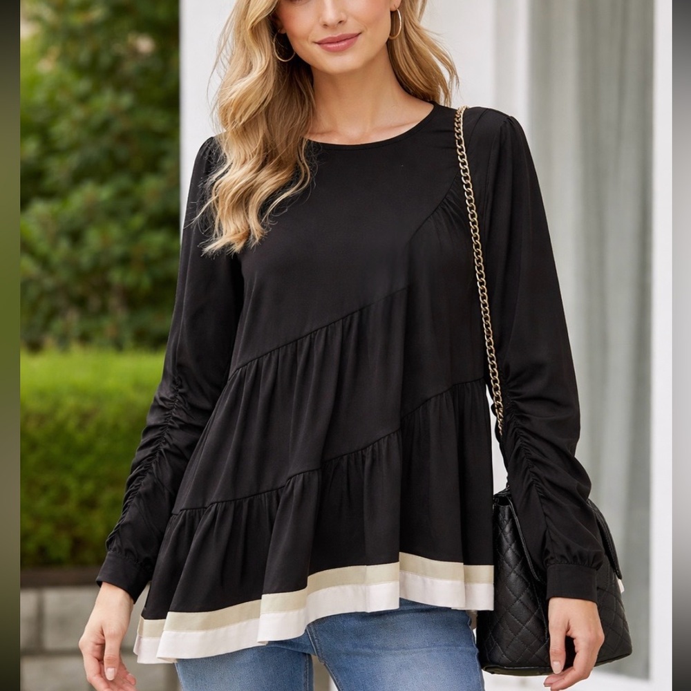 NWT Simply Vera Vera Wang Black Asymmetrical Ruffle Blouse Ruched Sleeve Small